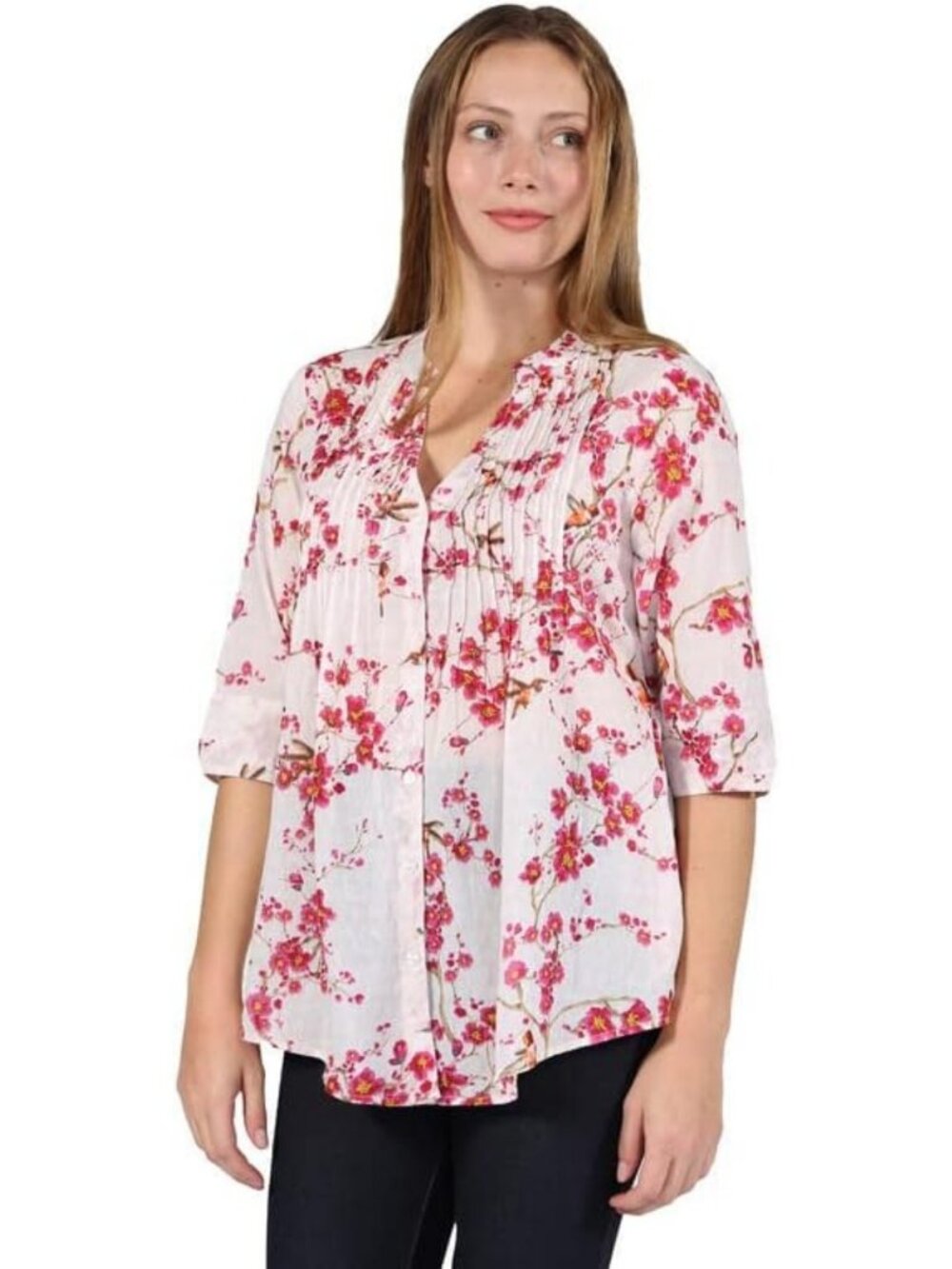 Stylish Printed Tunic Top, Cotton V-Neck, Pleated Front, 3/4 Sleeve Blouse